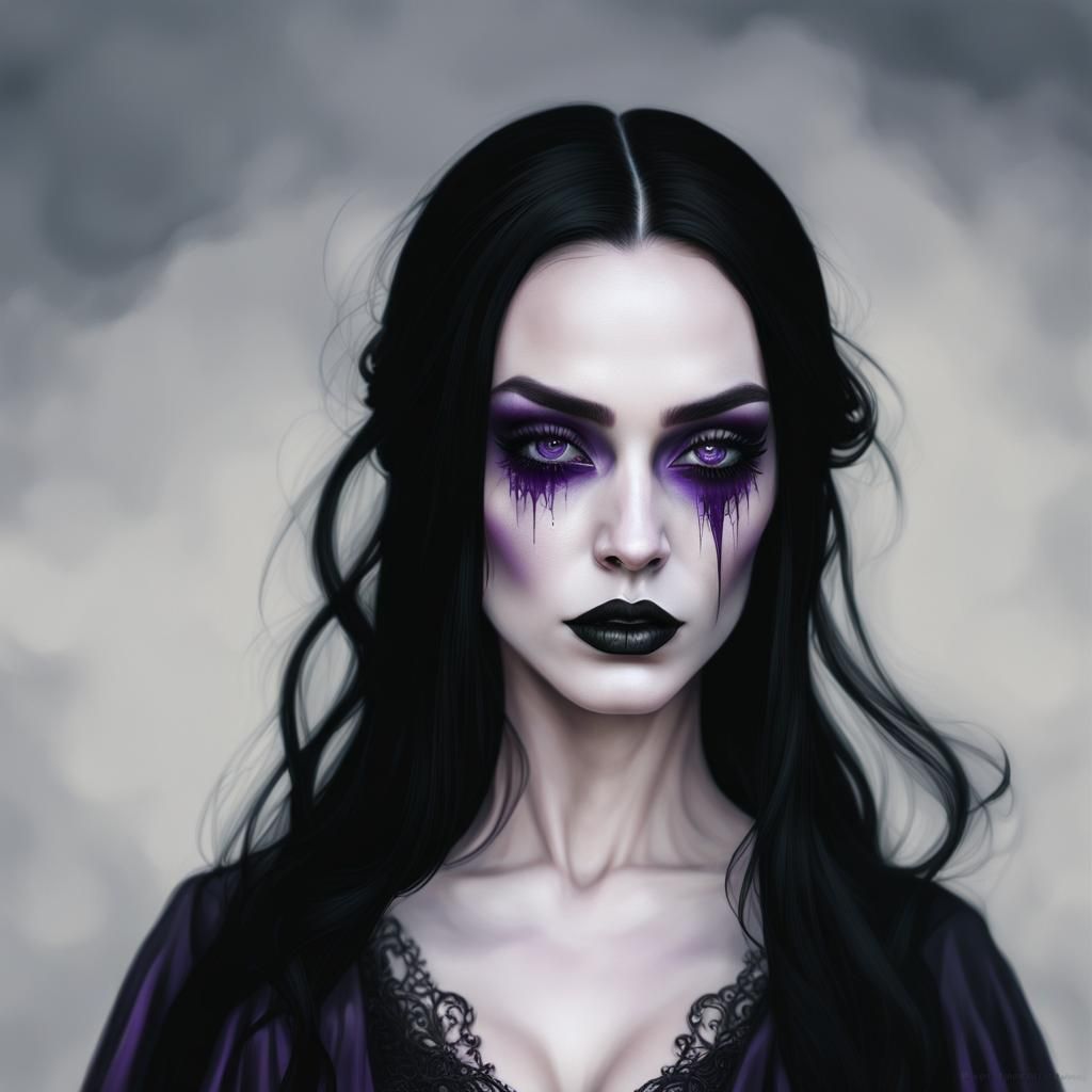 Rebecca the notorious unruly witch with long black hair& purple eyes& smoky black eyeshadow& smoky black eyeliner& Black...