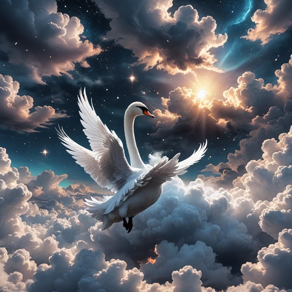 Fluffy White Cloud Swan in Starry Wonderland