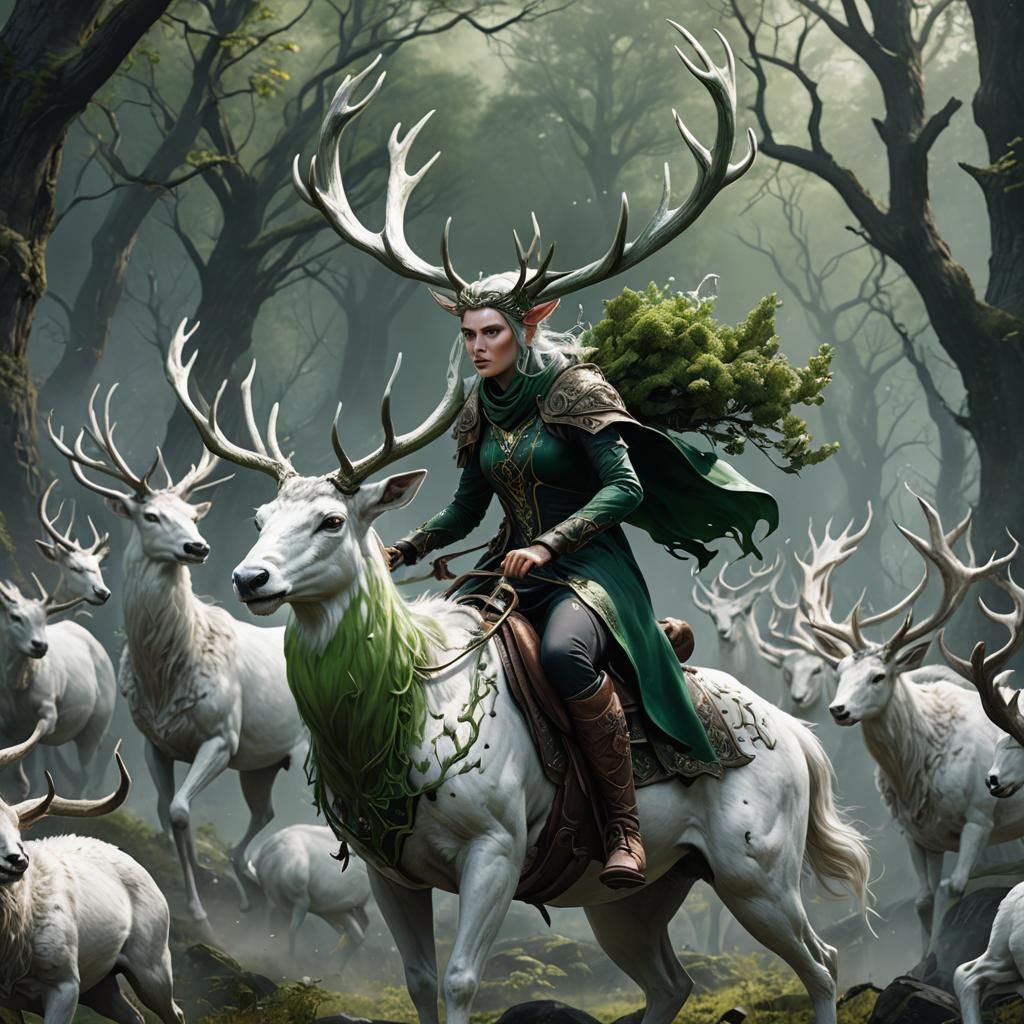 Woman with Antlers Riding Stag: Fantasy Art
