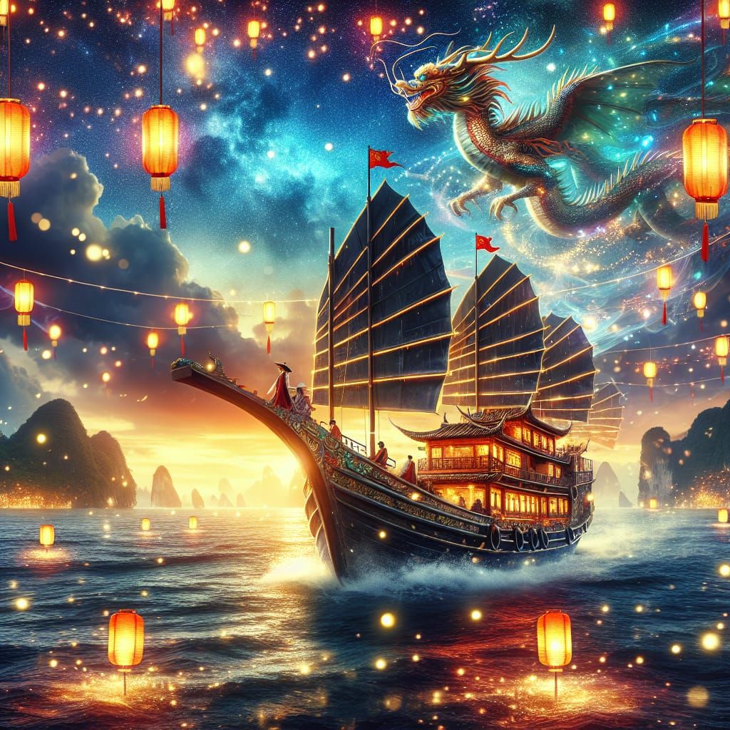 An ancient Chinese Junk at sea sailing towards the horizon.