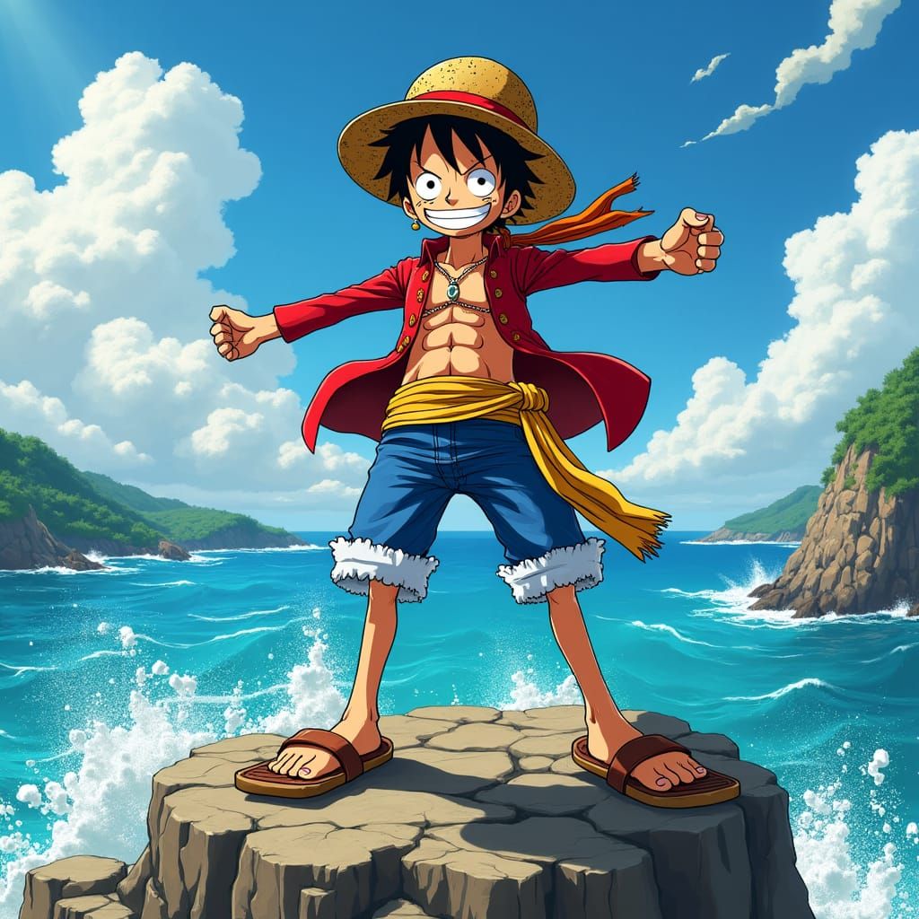 Luffy Overlooking the Ocean in Manga Anime Art Style