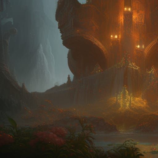 Fantastical Grimoire: Detailed Matte Painting in Deep Color