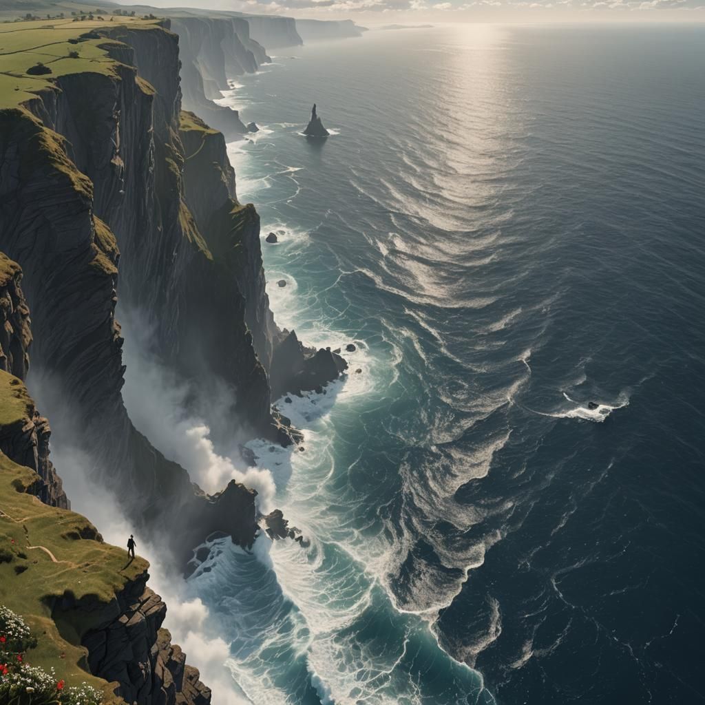 Hyperrealistic Ocean Cliff Scene with Figure