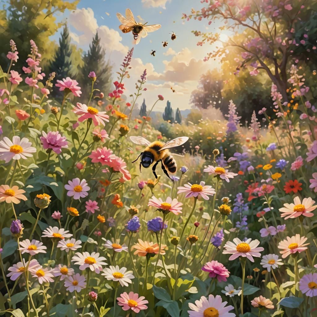 Impressionist Garden with Bee, Monet Style