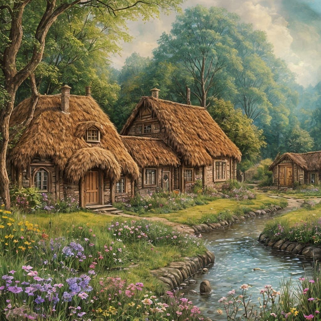Enchanted Hobbit Village in Watercolor Ink