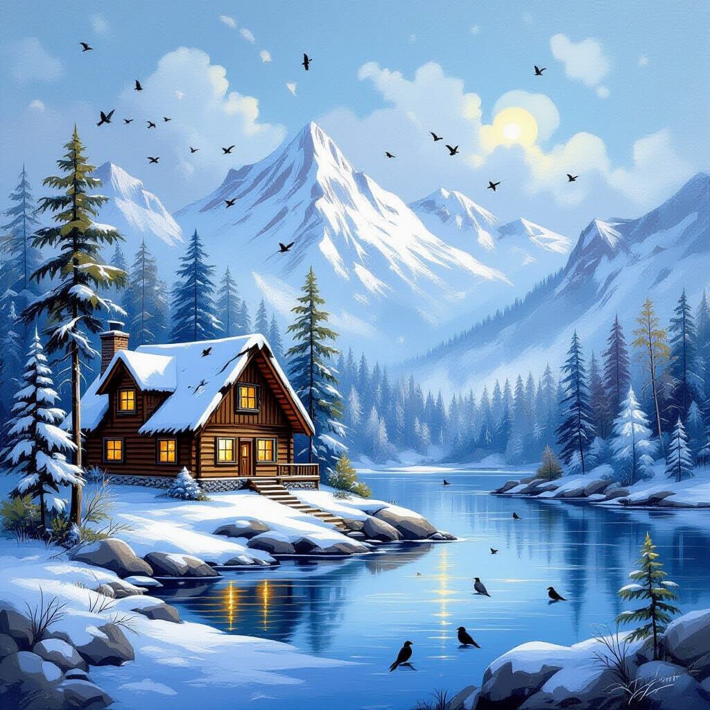Scenic Log Cabin in Snowy Mountain Landscape