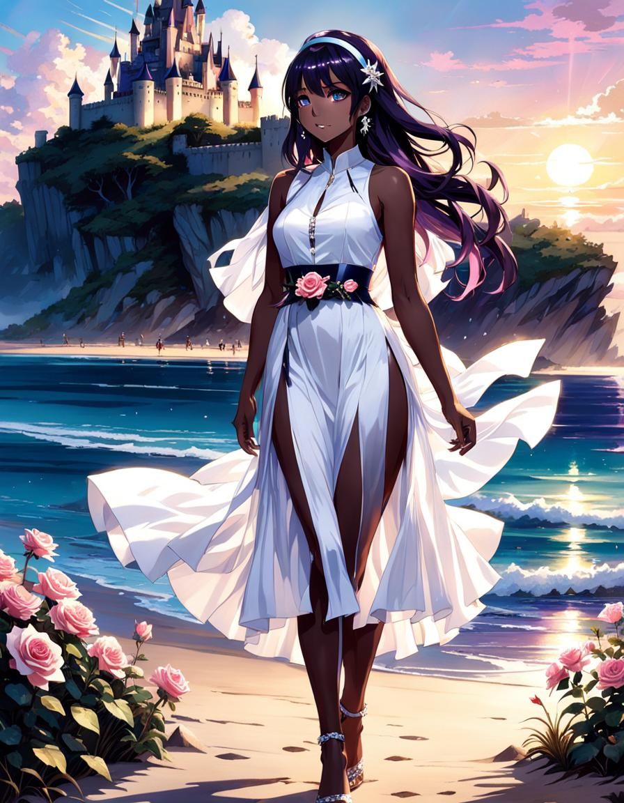 Anime Girl with Dark Skin on Beach at Sunrise