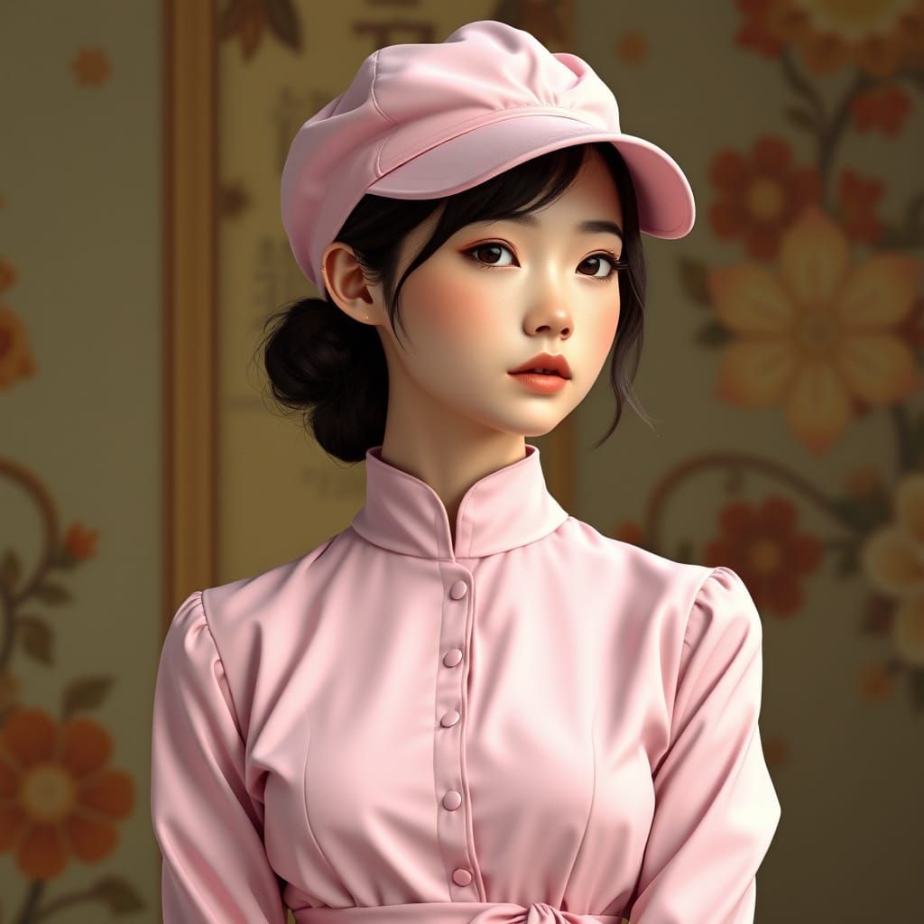 Elegant Art Nouveau Portrait in Soft Pink