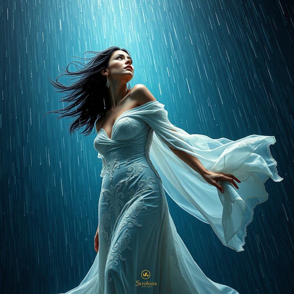 Ethereal Woman Stands Resolute in Torrential Rainstorm