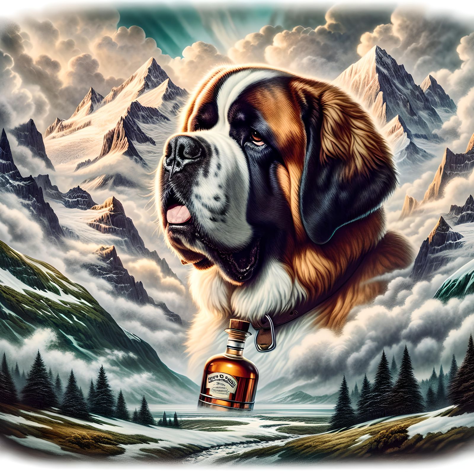Saint Bernard with Whisky Barrel in Snowy Mountains