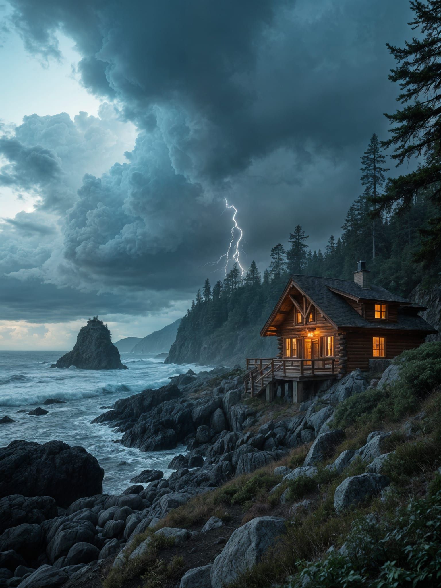 Rustic Log Cabin on Cape Flattery During Storm