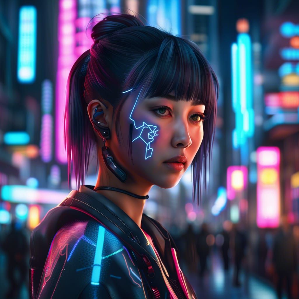 Cyberpunk Japanese Girl in Neon Cityscape