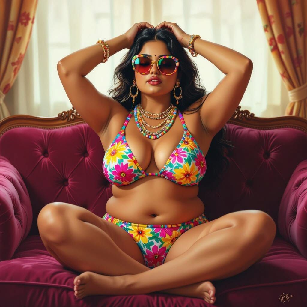 Relaxed Woman in Micro Bikini on Velvet Sofa