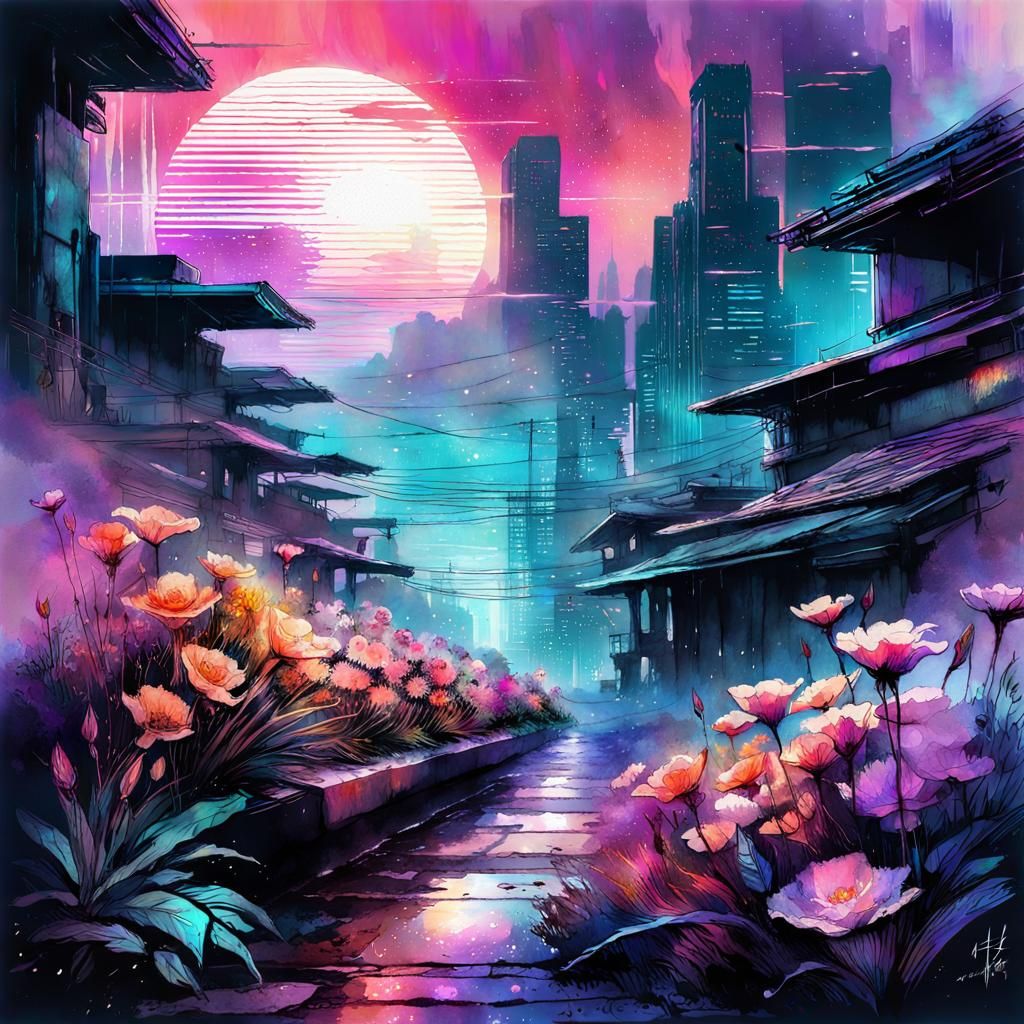 Vaporwave Flowers Bloom in Neon Galaxy
