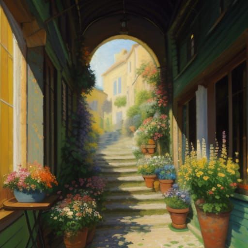 Impasto Oil Painting of Flowers on a Step Ladder