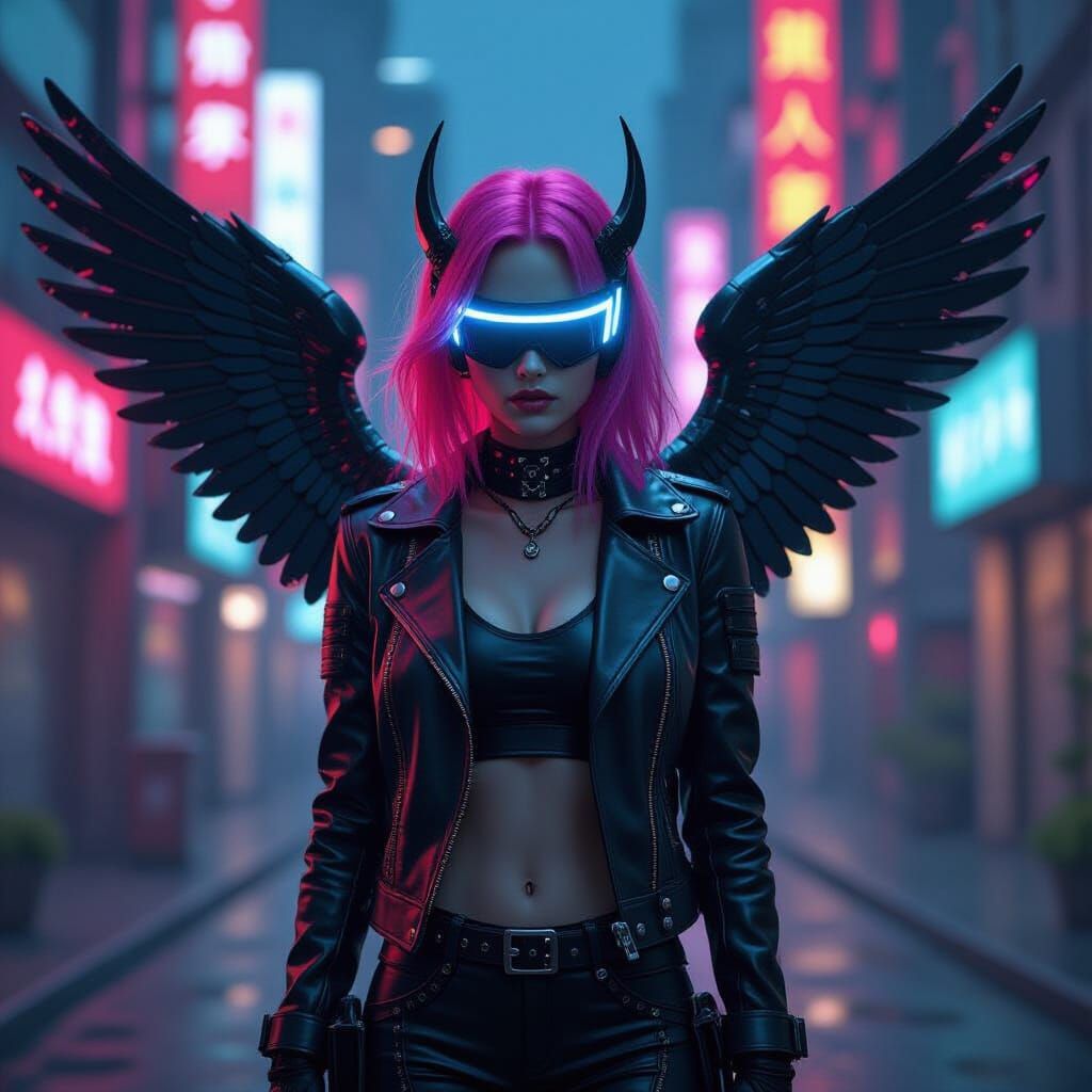 Cybernetic Angel in Neo Tokyo: Cyberpunk Style
