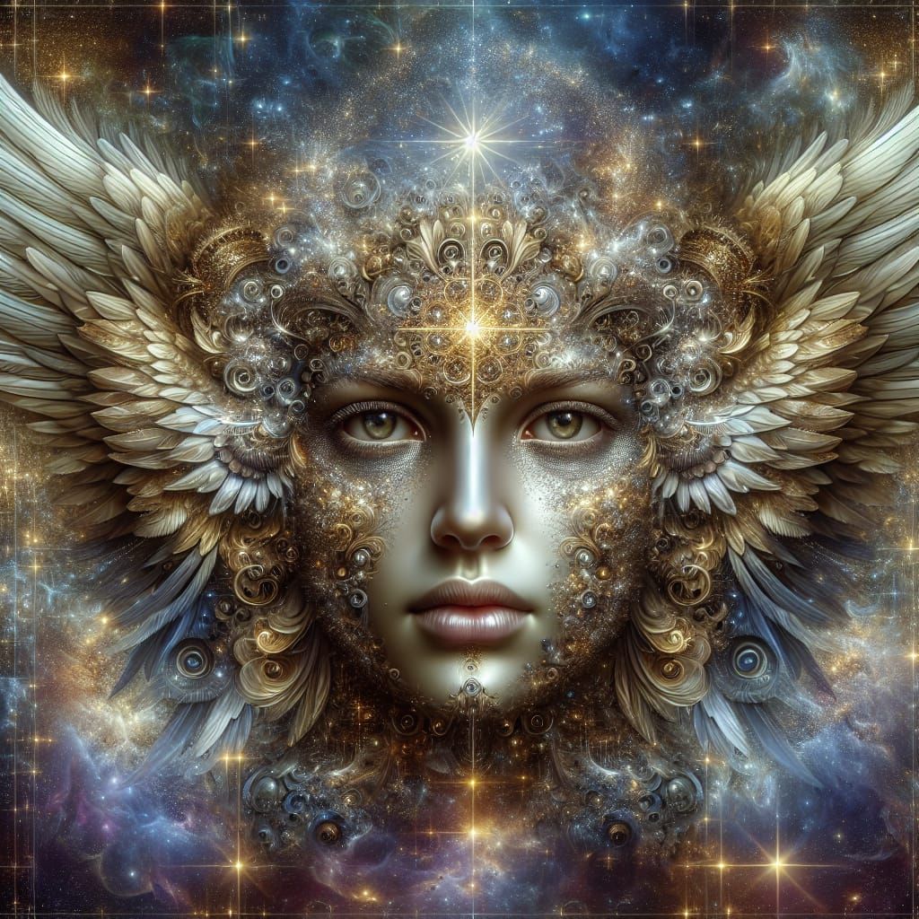 Hyperrealistic Angel Portrait with Shimmering Stars