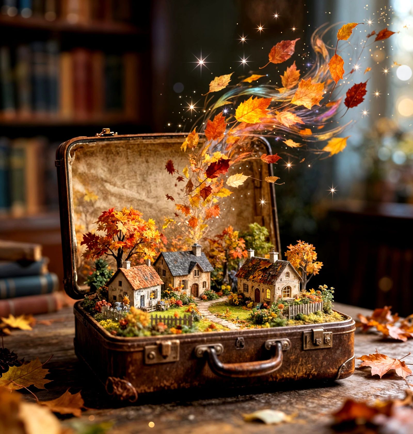 Autumn Village Inside Vintage Suitcase