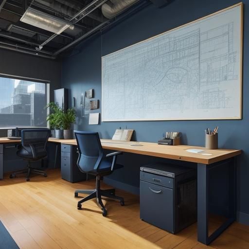 Young Man Examines Blueprint in Modern Workplace