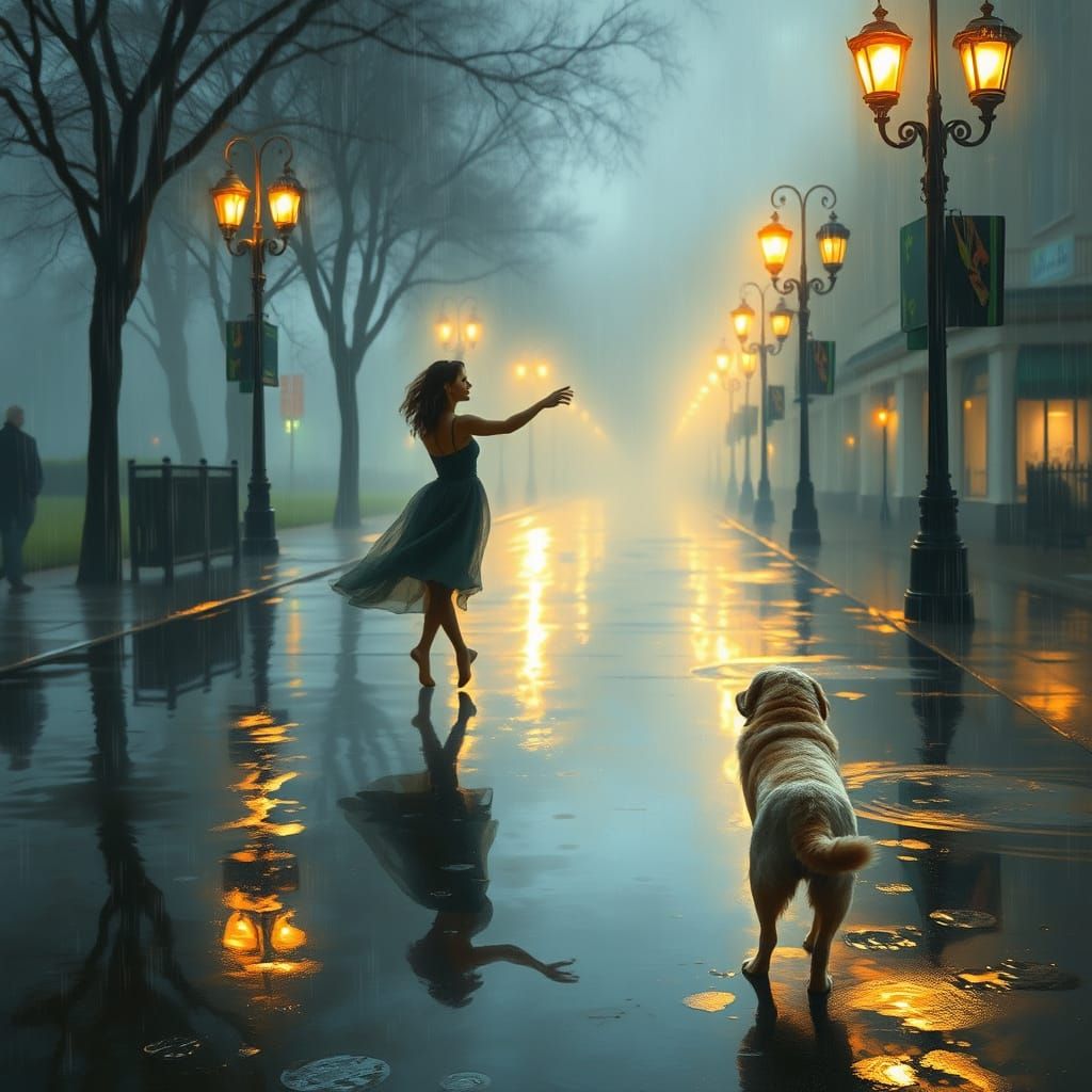Glowing Street Lamps Illuminate a Dancer in the Rainy Night