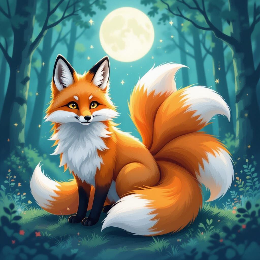 Nine-Tailed Fox in Moonlit Forest, Anime Style