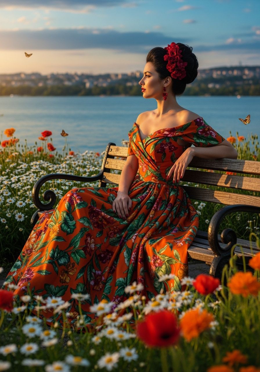 Woman in Orange Gown by Twilight Lake