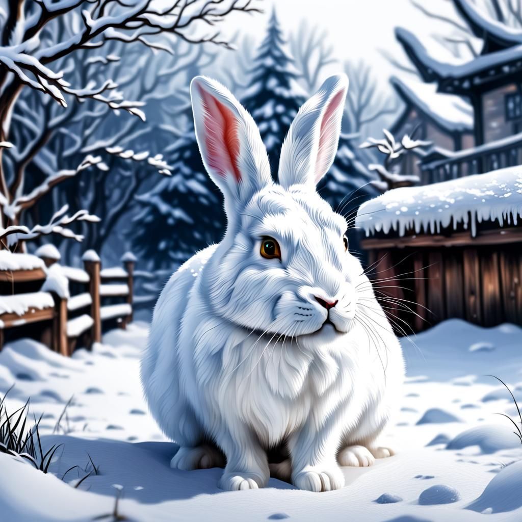 Hyperrealistic White Rabbit in Snowy Landscape