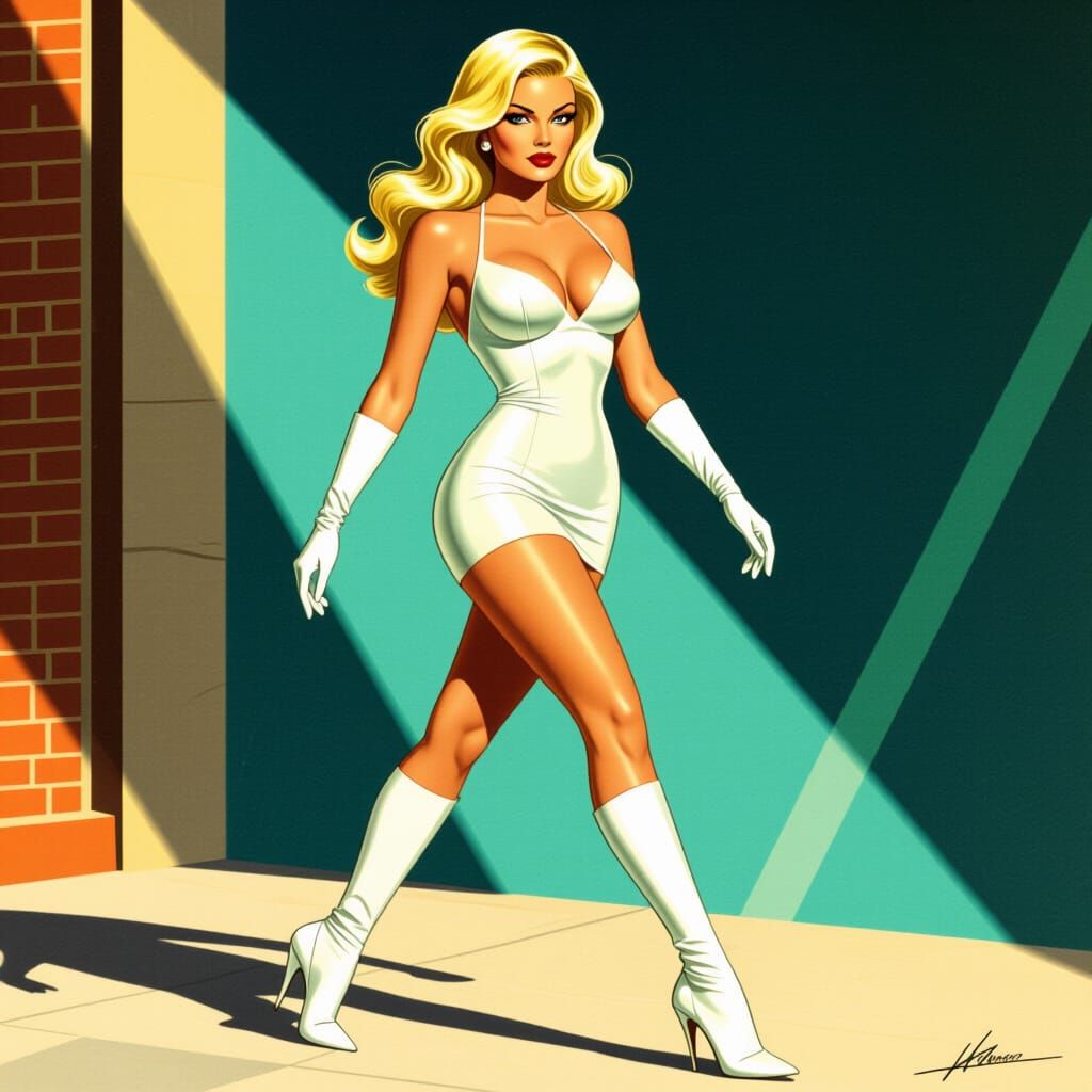 Emma Frost in White Latex, 1950s Pulp Style