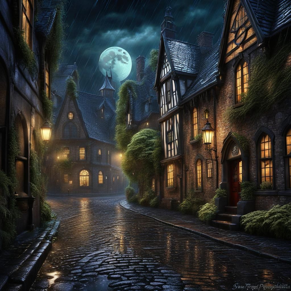 Rainy Gothic Streets in Storybook Realism