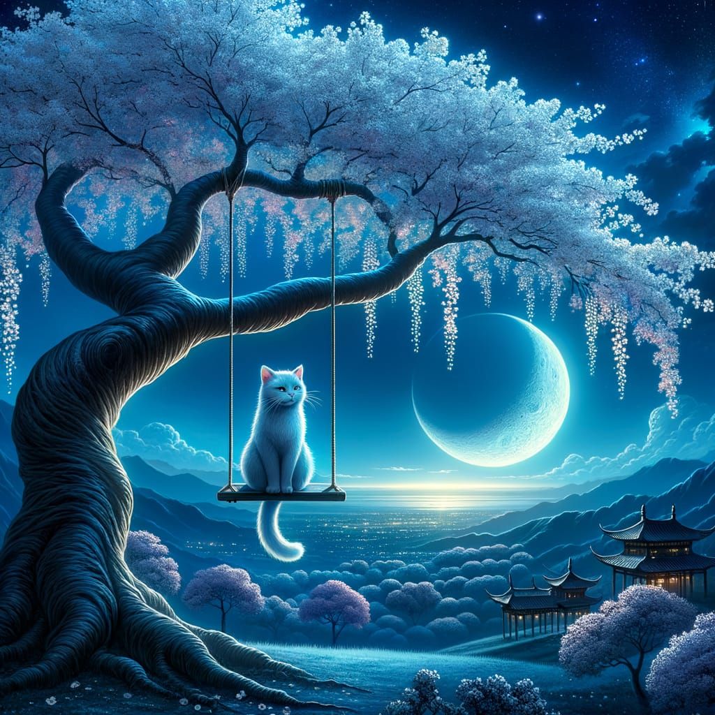 Mystical Feline Amidst Enchanted Sakura Blossoms Under Cerul...