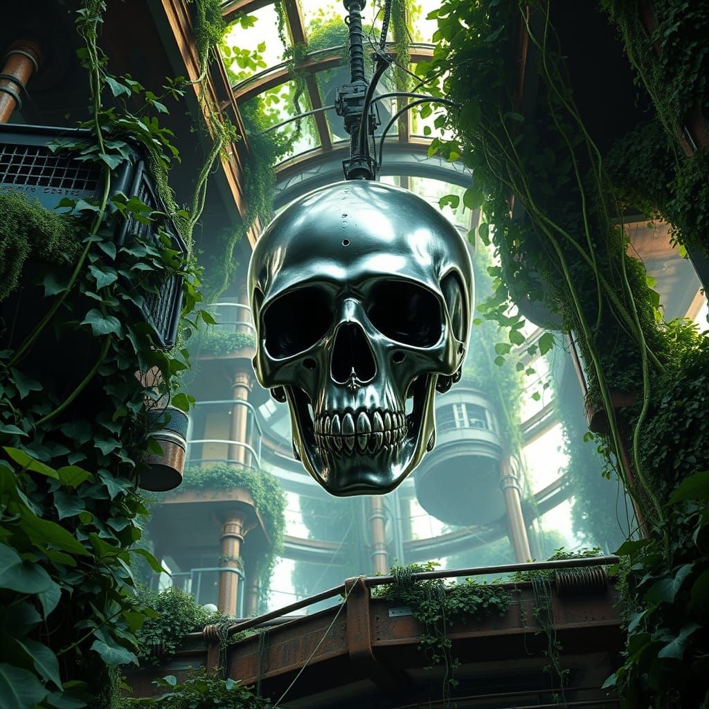 Cyborg Skull Emerges from Jungle Eco-Building