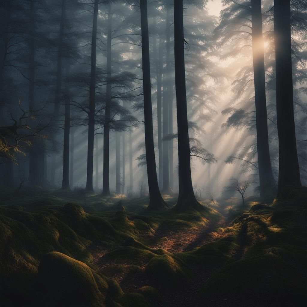 Misty Forest Landscape at Dusk: Cinematic Still