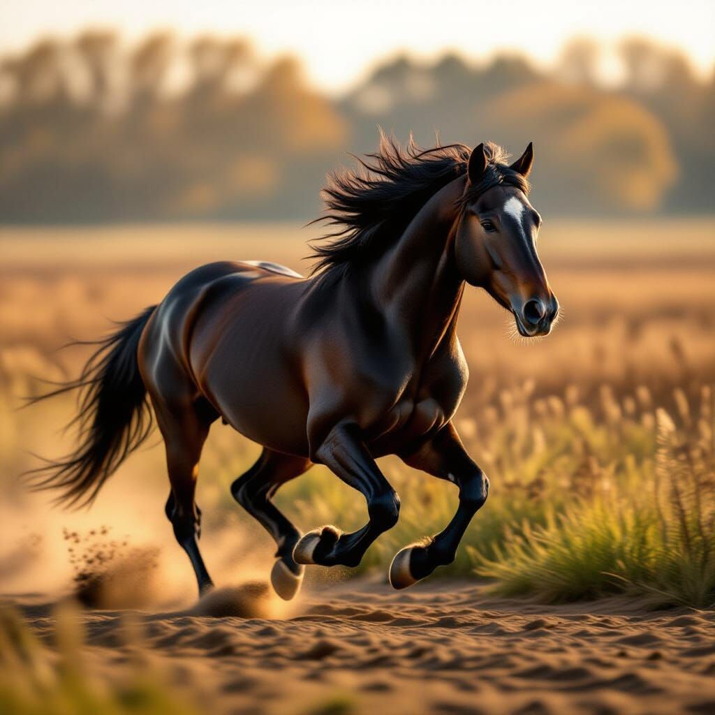 Powerful Black Horse Galloping on Dusty Plains