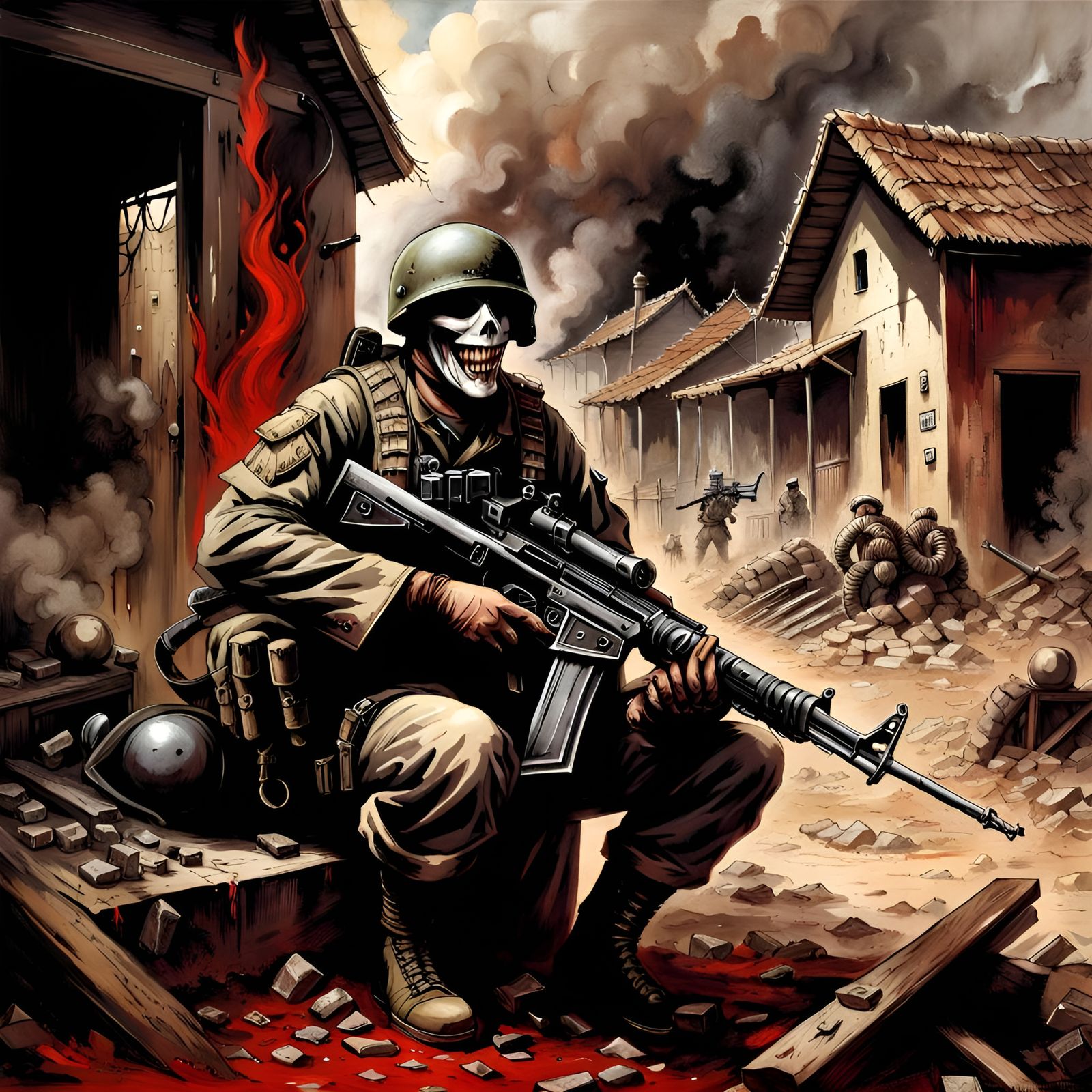 Horrific War Scene with Masked Soldier