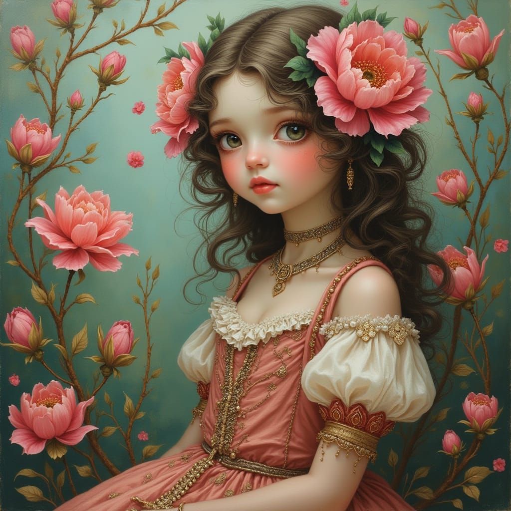 Floral Girl in Ornate Attire: Oil on Canvas