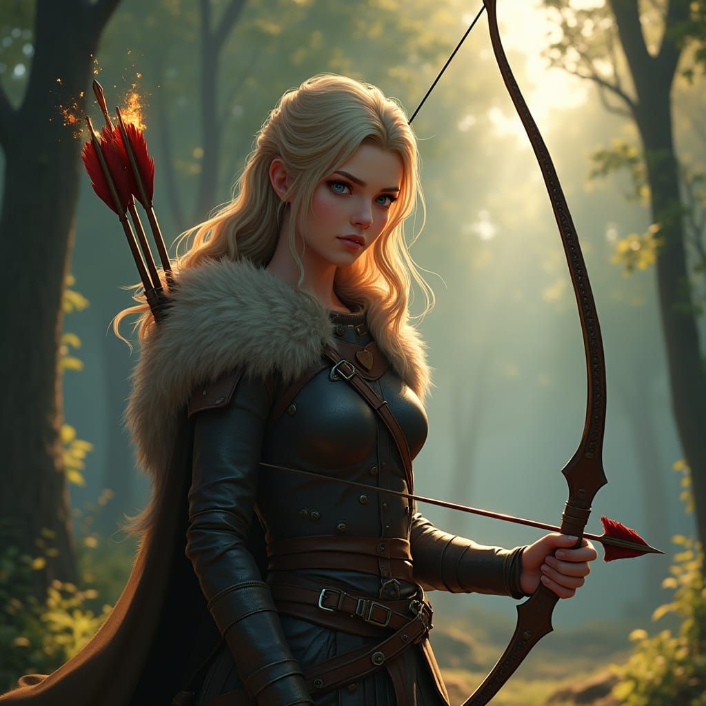 Viking Woman with Flaming Arrow in Anime Style