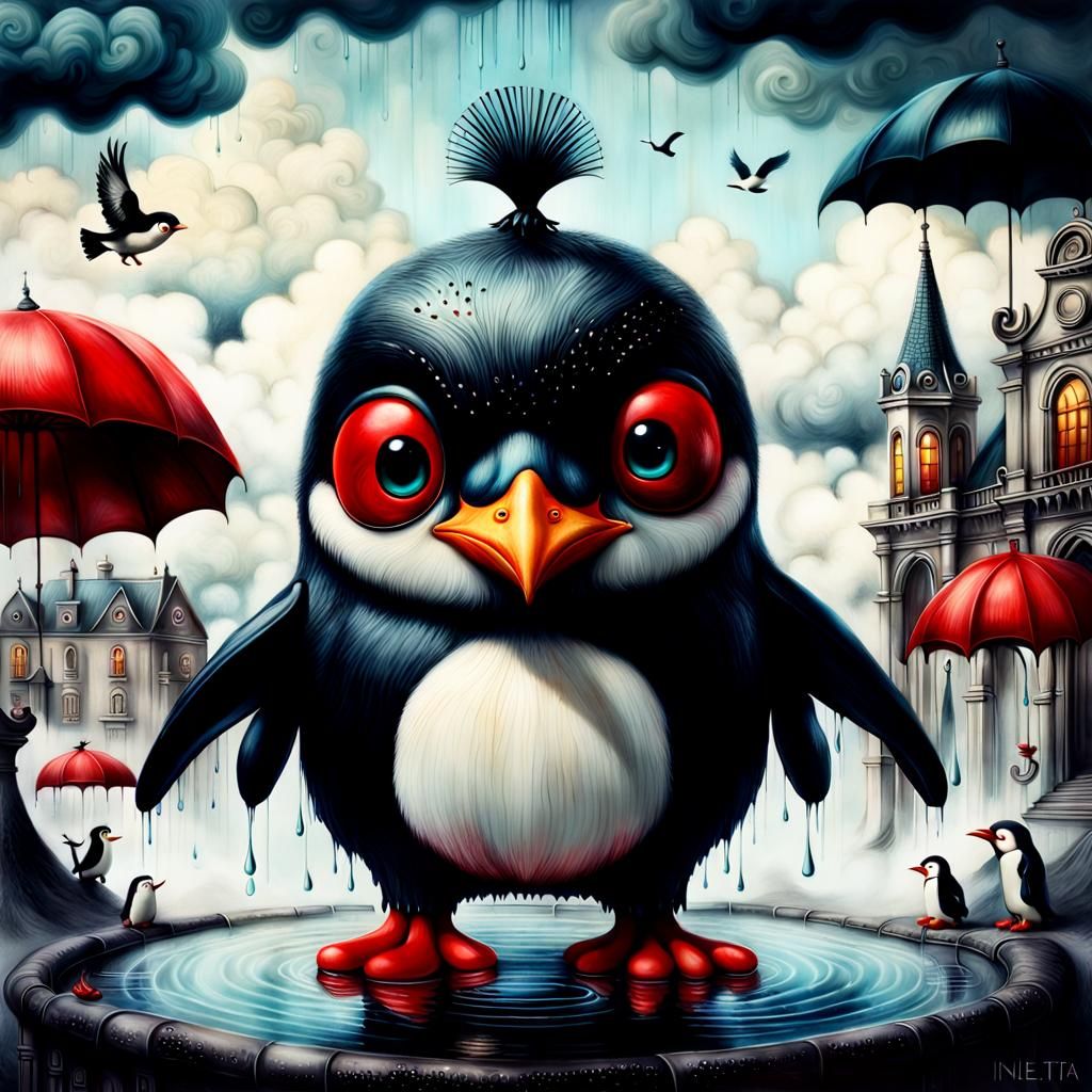 Surreal Penguin in Botero Style with Vivid Colors
