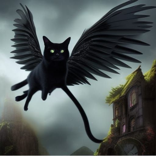 Winged Black Cat: Dramatic Digital Matte Painting
