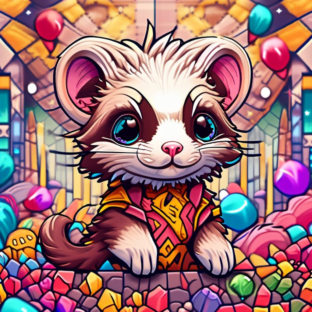 Chibi Ferret with Confetti in Stained Glass Style