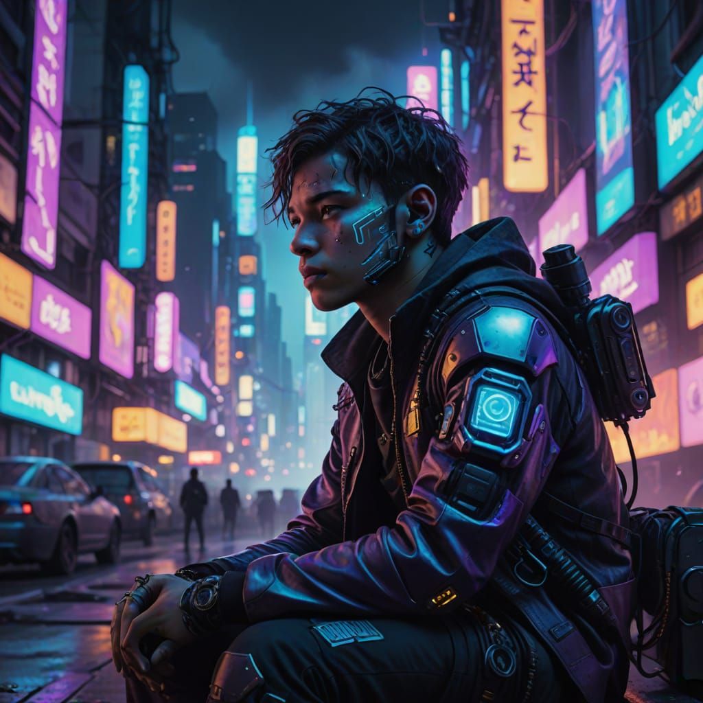 Cyberpunk Steampunk Cyborg Boy in Futuristic Cityscape