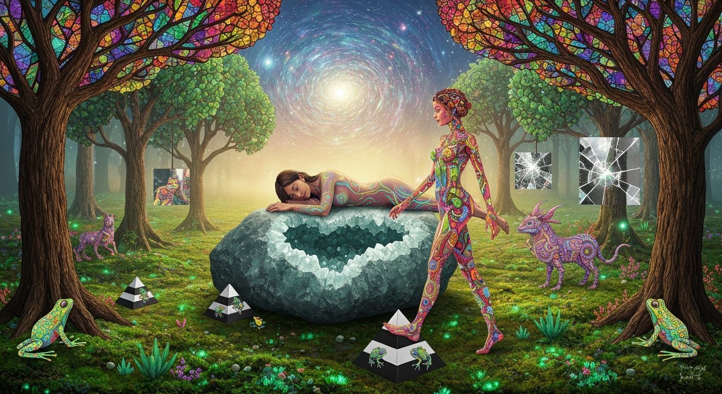 Person Asleep on Giant Geode with Glowing Frogs