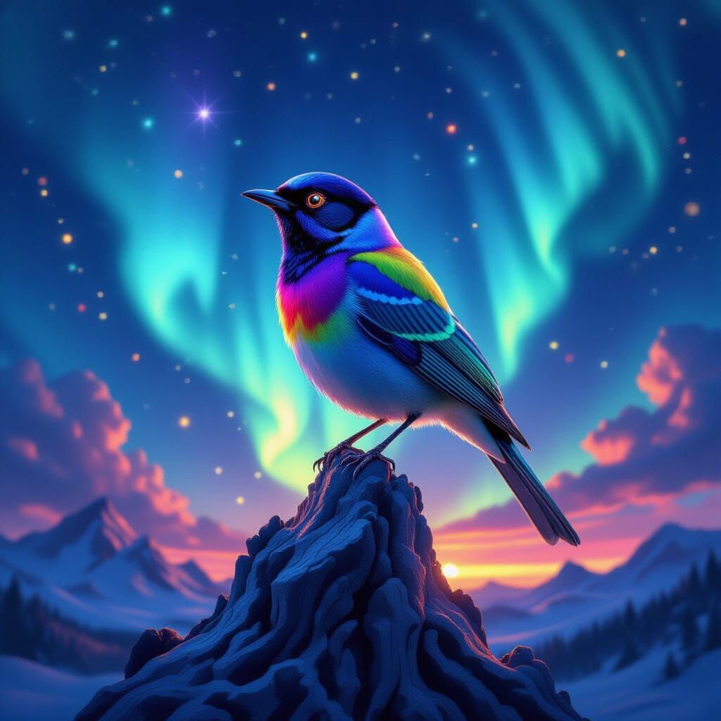 Bioluminescent Tanager Perched on Petrified Lightning