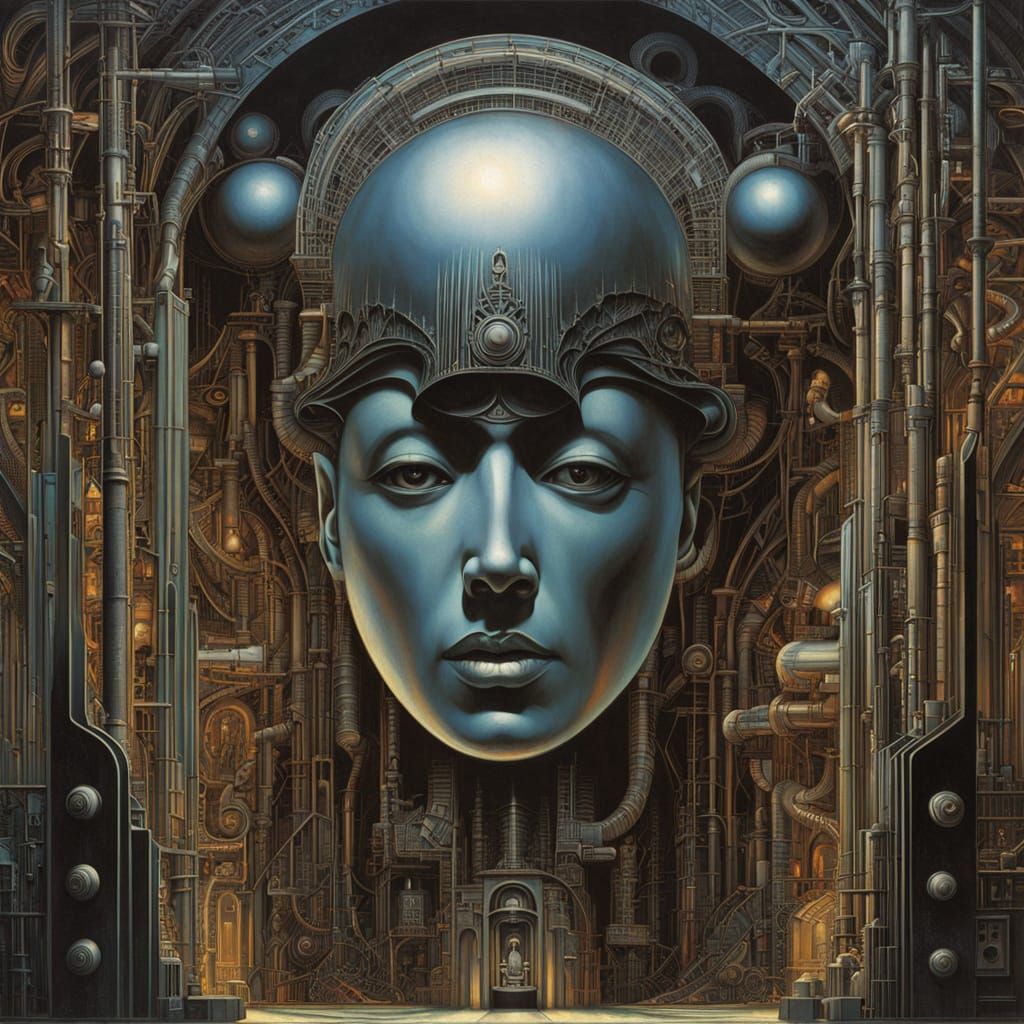 Mechanical Oracle in Industrial Labyrinth - Surreal Futurism