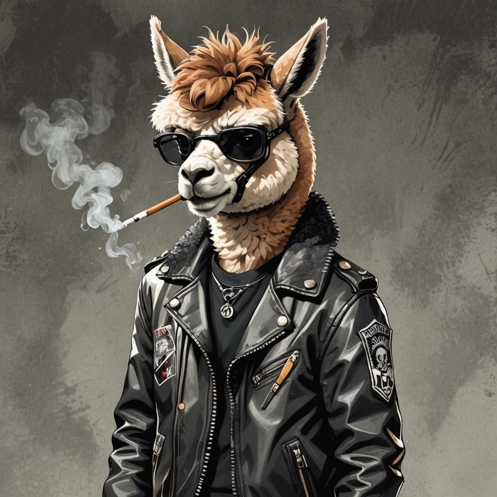 Punk Alpaca in Leather Jacket, Comic Style