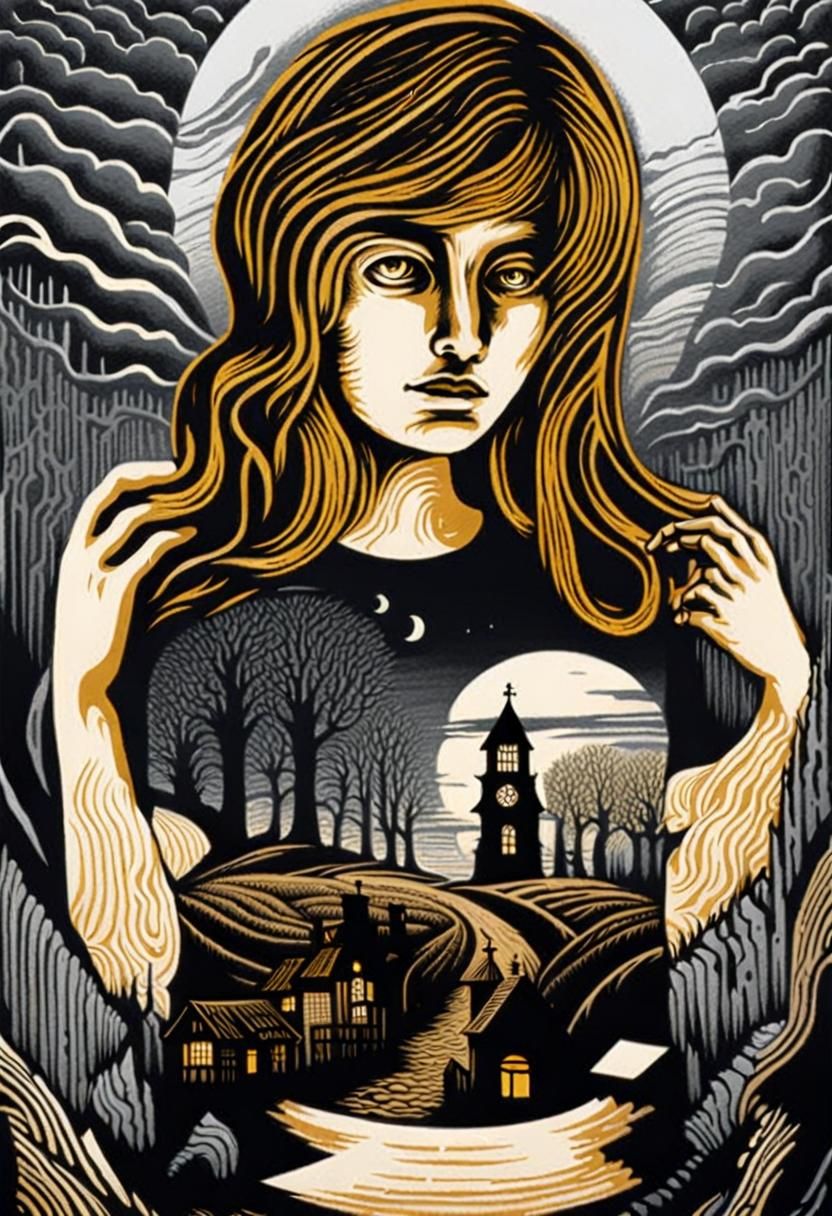 Etched Woodcut Print: Girl's Double Life