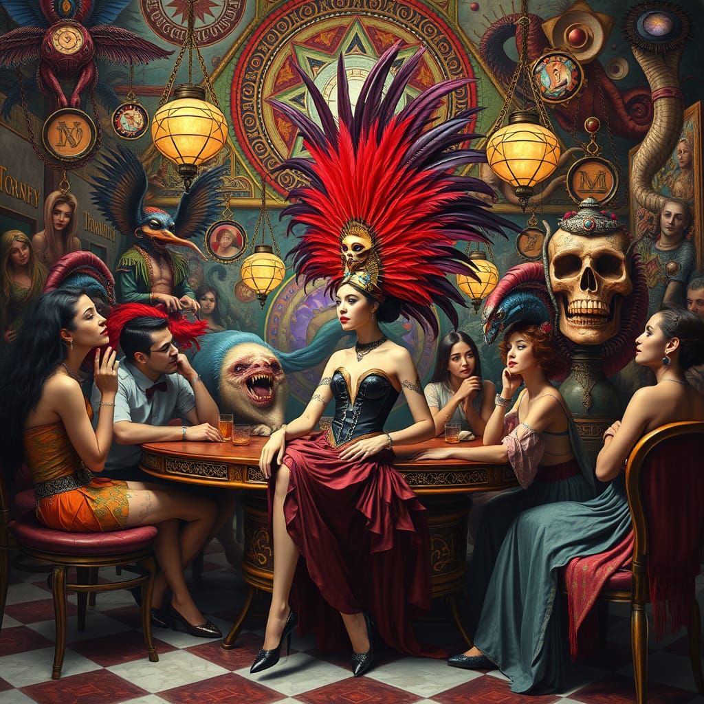 Cabaret Dancer in Surreal Cafe with Glitch Art