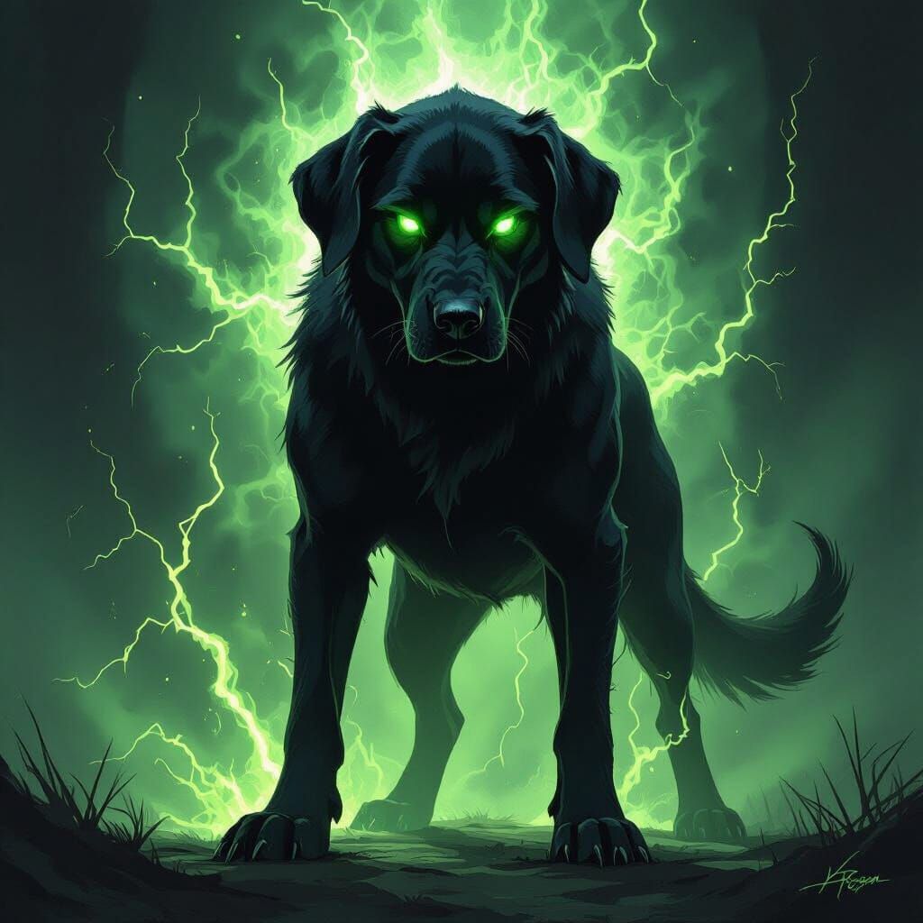 Powerful Black Hound Guarding with Green Energy