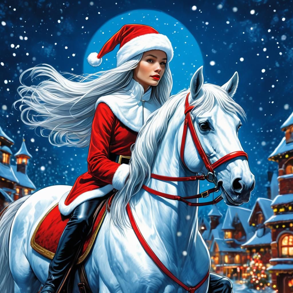 Festive Superhero: Santa's Daughter on White Horse