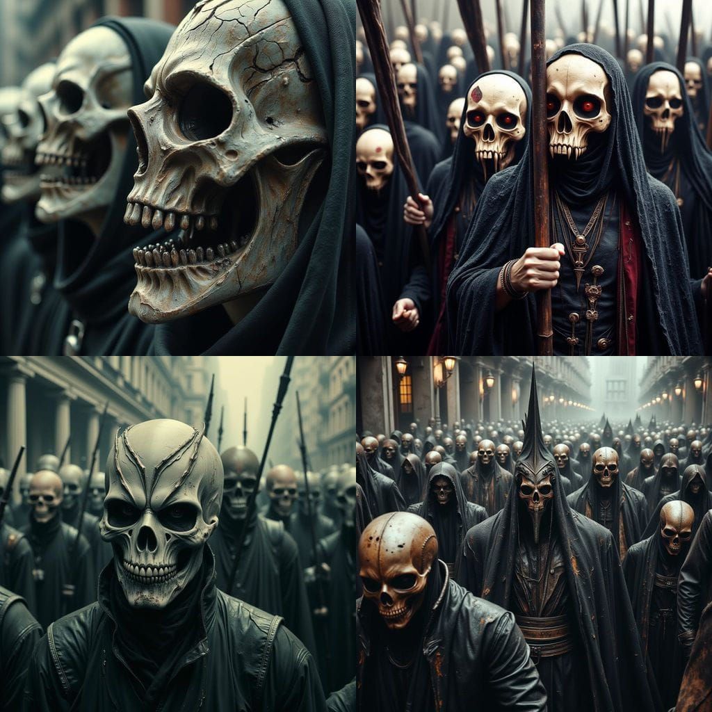 Skull-Masked Workers March in Gothic Dystopia