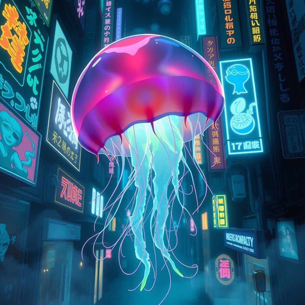 Bioluminescent Jellyfish in Neon Cyberpunk Cityscape